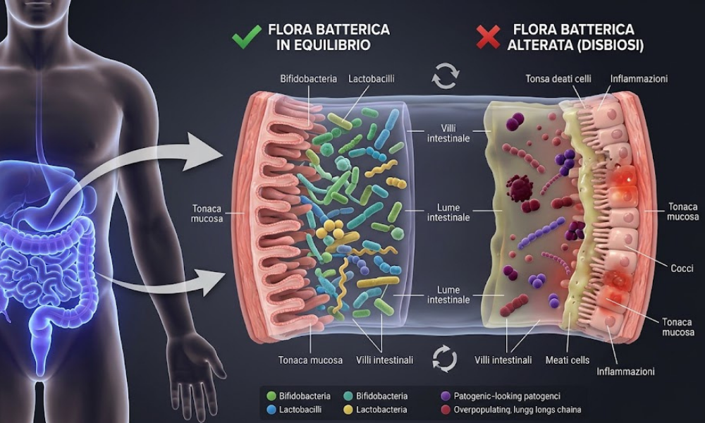 Rappresentazione grafica del colon e dell'apparato digerente in caso di disbiosi e putrefazione intestinale.