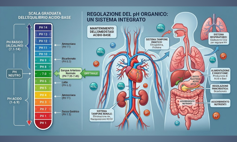 Rappresentazione grafica dell'acidosi metabolica e del ripristino dell'equilibrio acido-base nell'organismo.